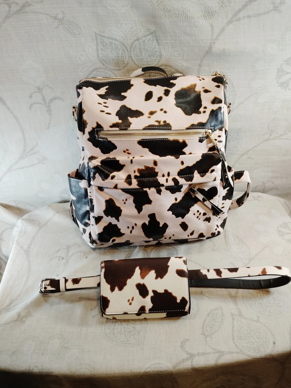 Backpack with Matching Belt Bag In A Cow-print - Brown Cream & Slight Pink Hue